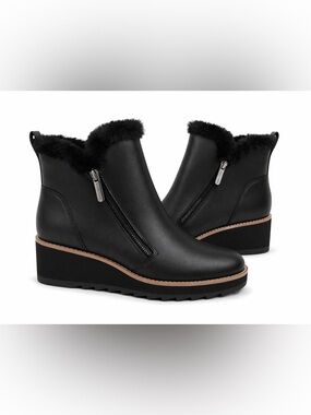 Easy Spirit Jane Black Wedge Ankle Boots Faux Fur Lined Zip Comfort Size 8M